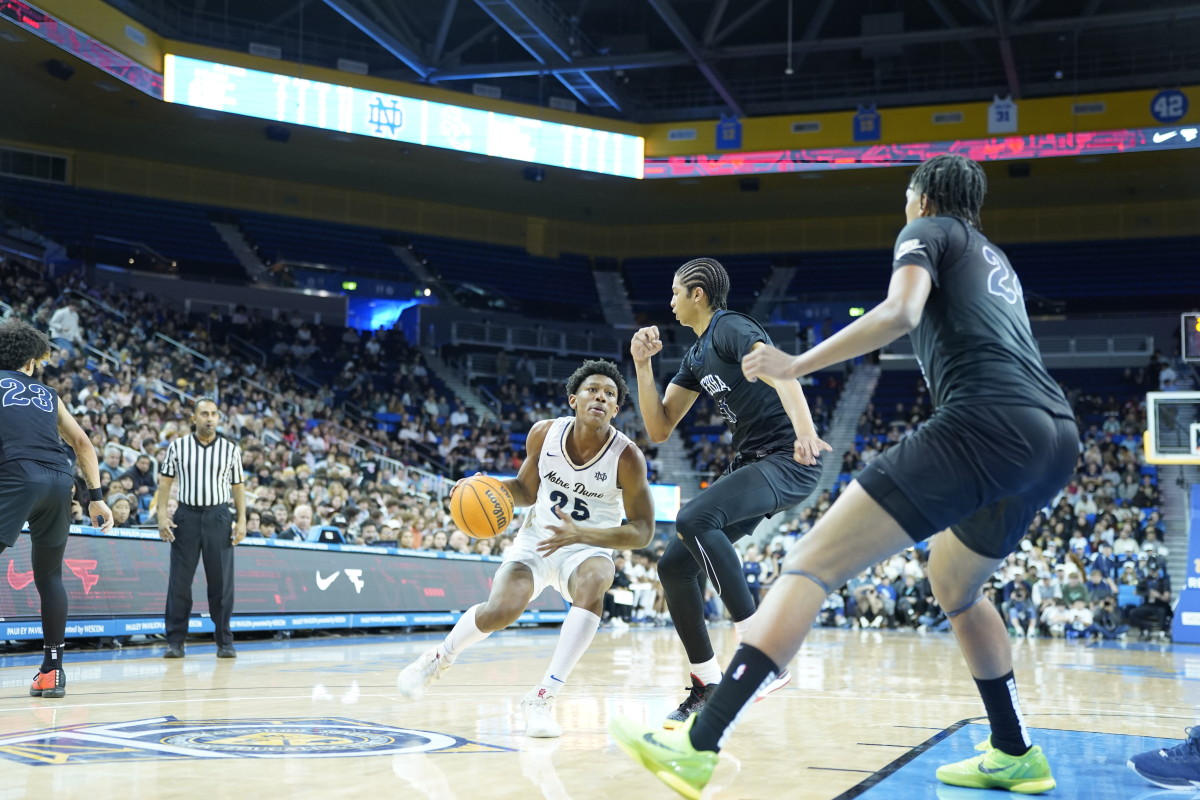 Notre Dame (Sherman Oaks) proved victorious in an entertaining 66-62 win over a shorthanded Sierra Canyon (Chatsworth) January 27, 2023, before more than 8,000 fans at Pauley Pavilion on the campus of UCLA.