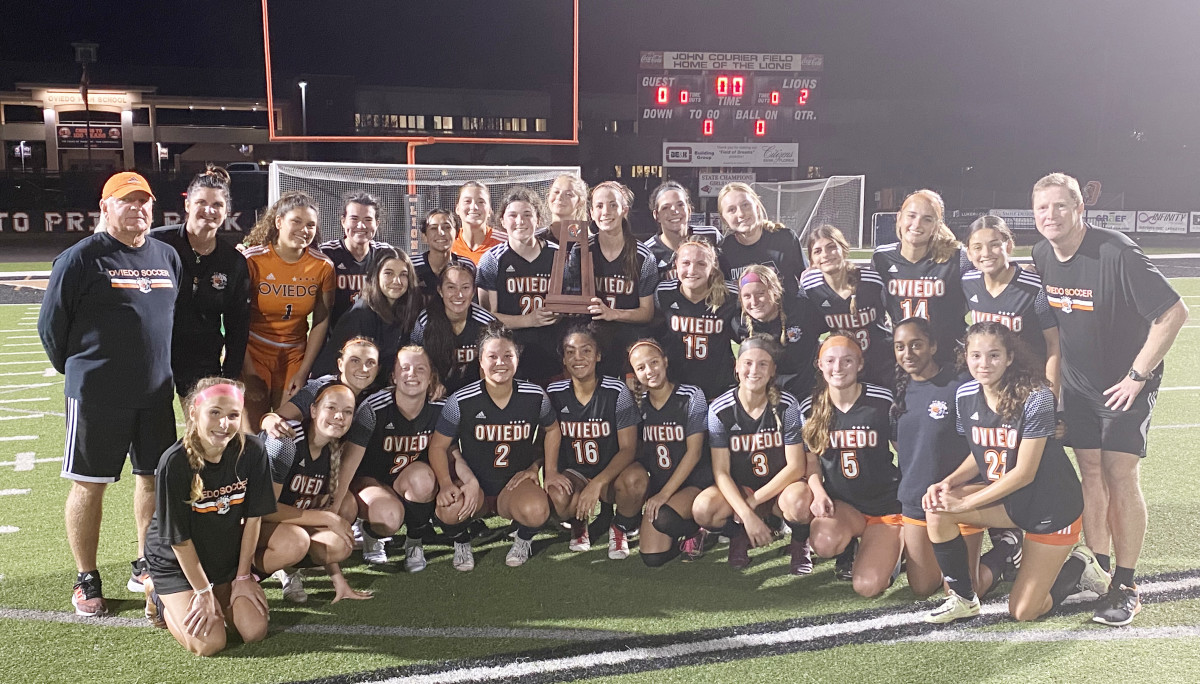 With one goal in each overtime period, the Oviedo Lions captured the Class 6A, District 5 girls soccer championship, Tuesday, with a 2-0 win over Edgewater.