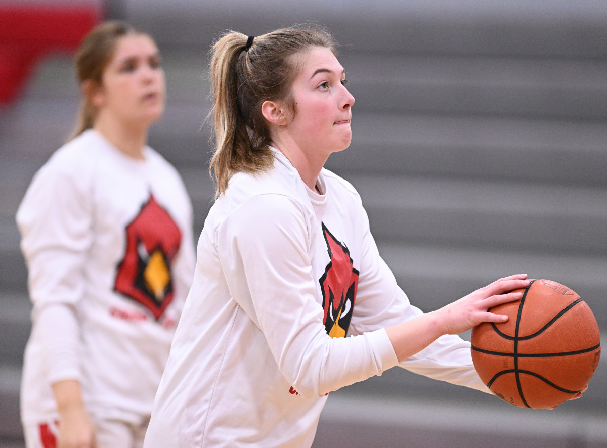 Corri Vermilya of Loudonville warms up prior to a game against Ellet on February 7, 2023.