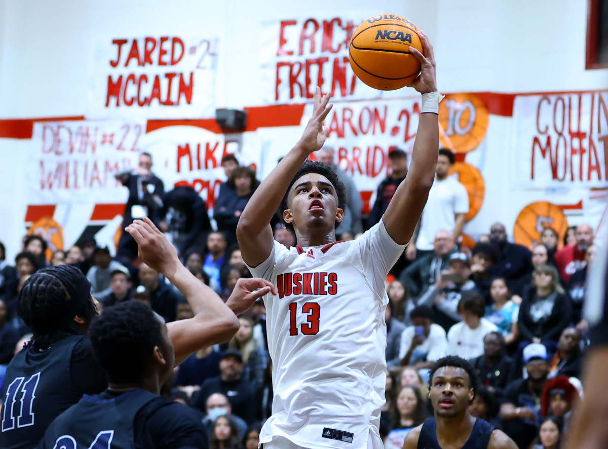 Corona Centennial's Eric Freeny goes up for a layup in the Huskies' 68-63 win over Sierra Canyon on February 10, 2023.