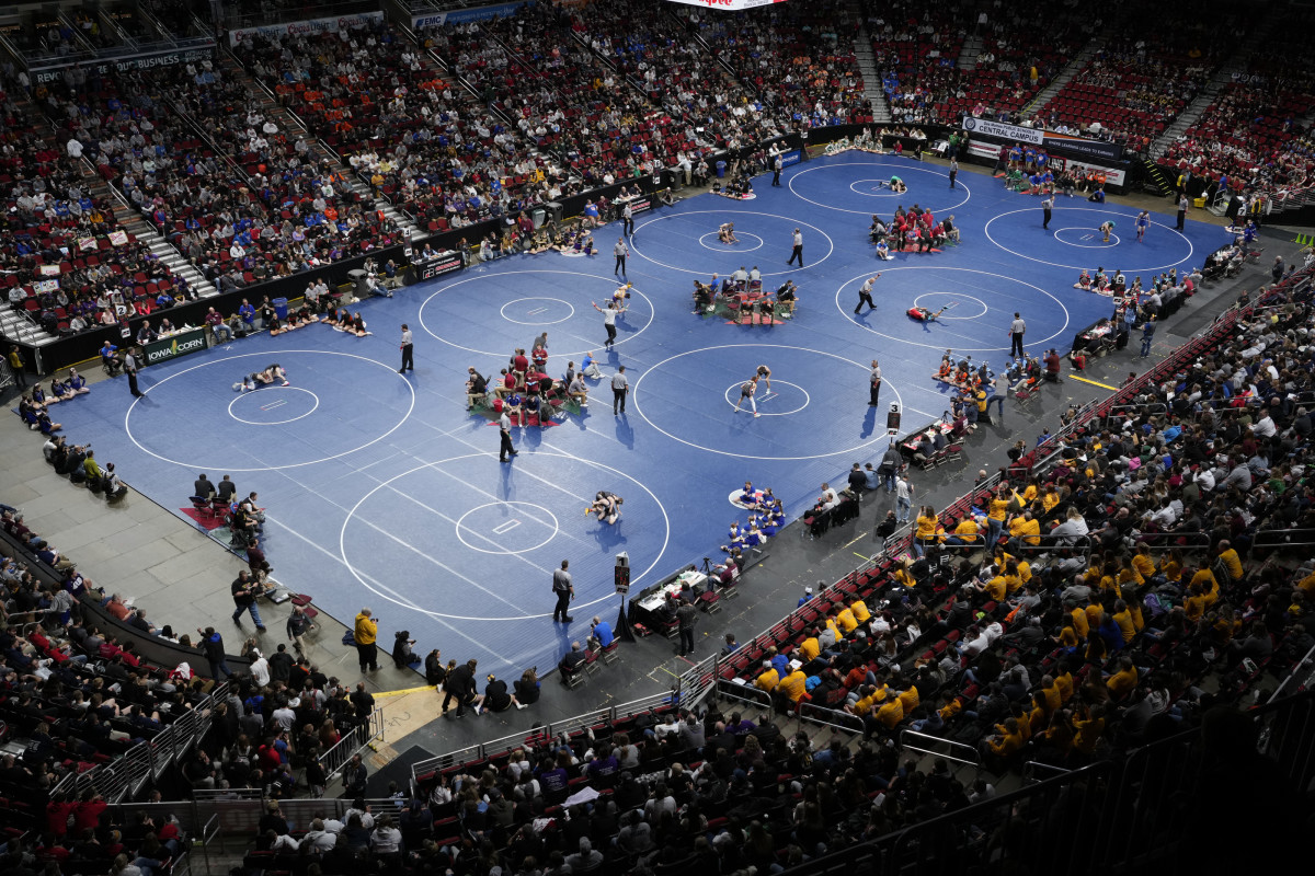 The Wells Fargo Arena hosts the Iowa state championship wrestling meet.
