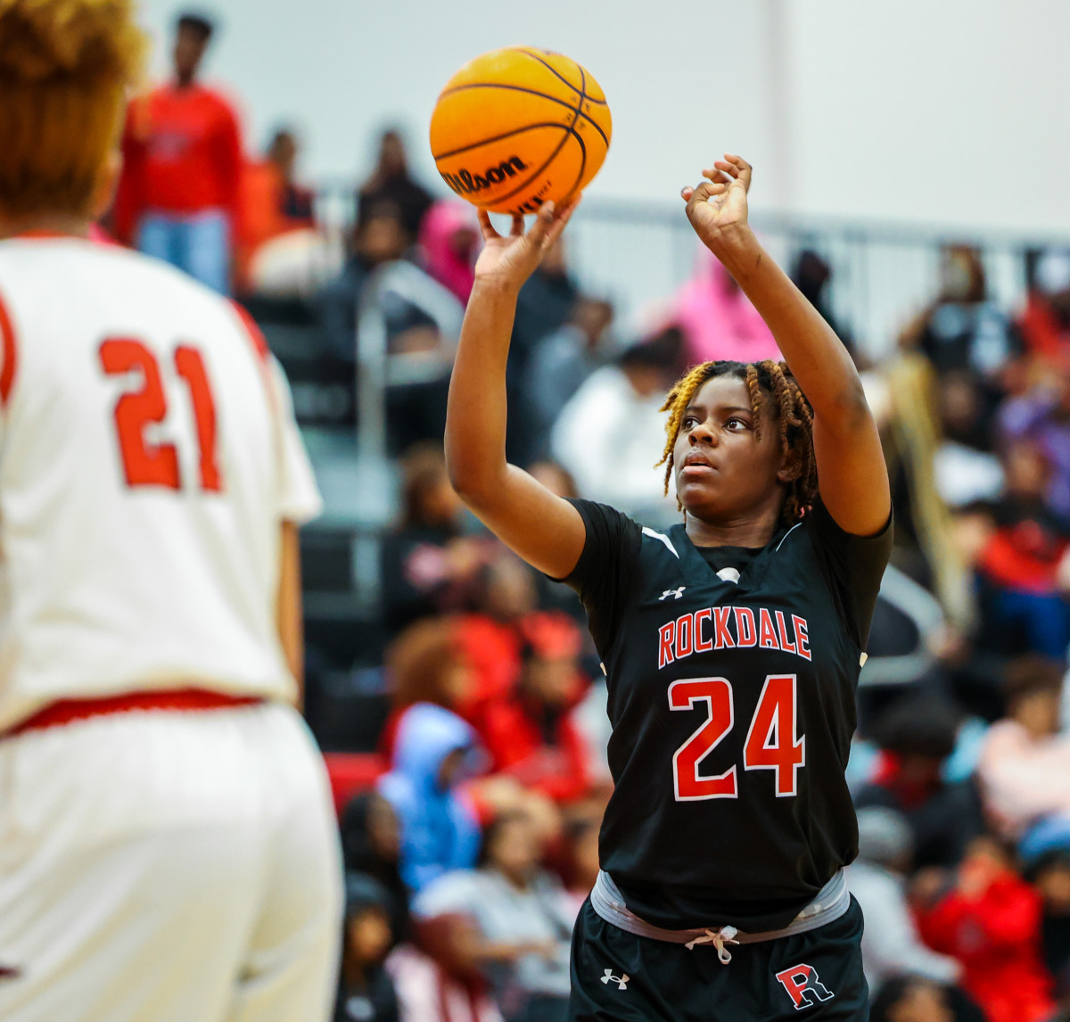Rockdale County's Nylah Williams converted a pair of 3-point plays and scored seven points in the fourth quarter to spark the Bulldogs comeback. She finished with 12 points in the contest.
