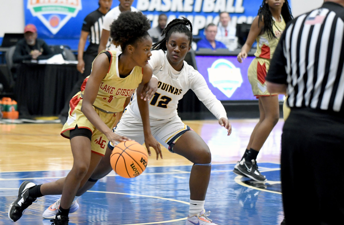 Lake Gibson’s Jamila Ray dribbles the ball up court while guarded by St. Thomas guard Reina Green at the FHSAA Class 6A girls basketball state semifinals on Thursday at the RP Funding Center in Lakeland.