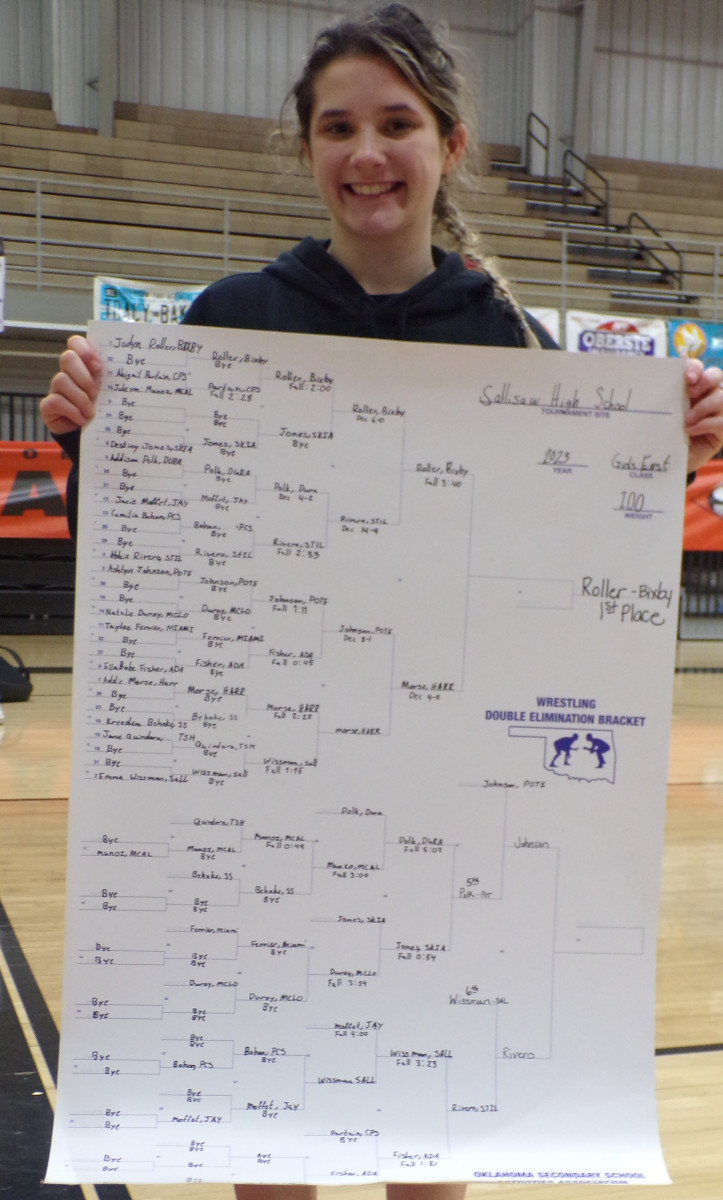 Jadyn Roller holds up her bracket after winning her weight class at the 6A East Regional championship in Sallisaw. 