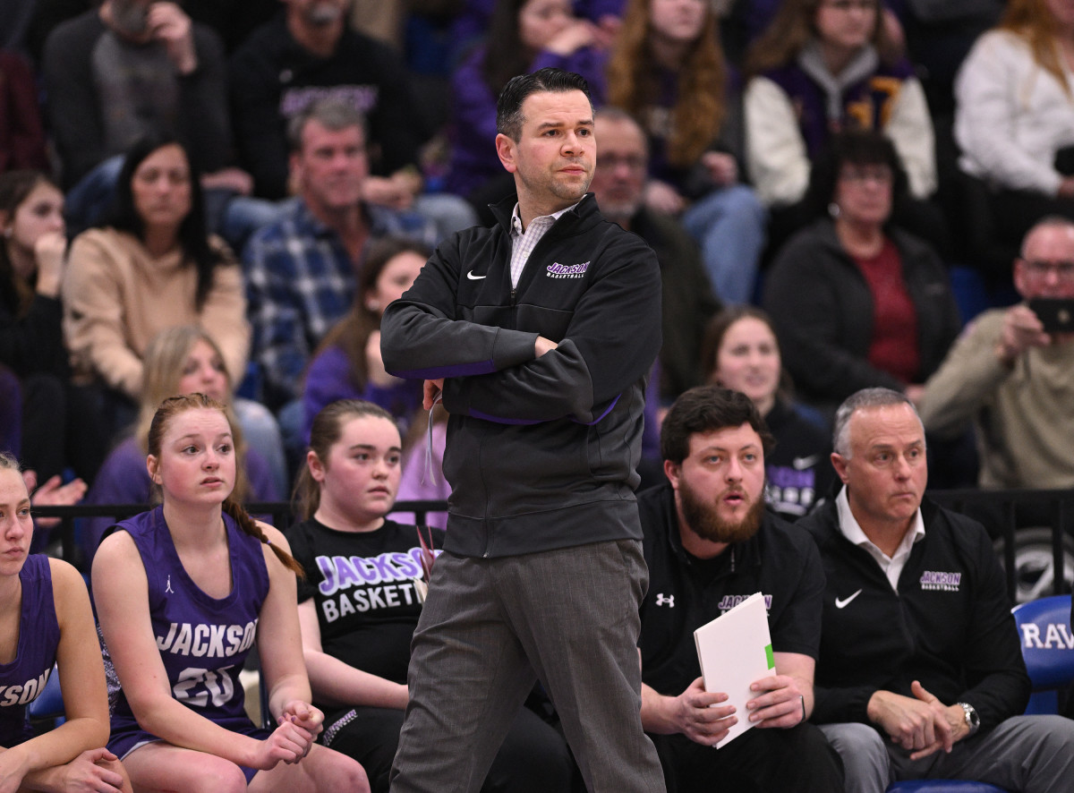 Jackson head coach Anthony Butch looks on during a game on February 24, 2023 against Solon.