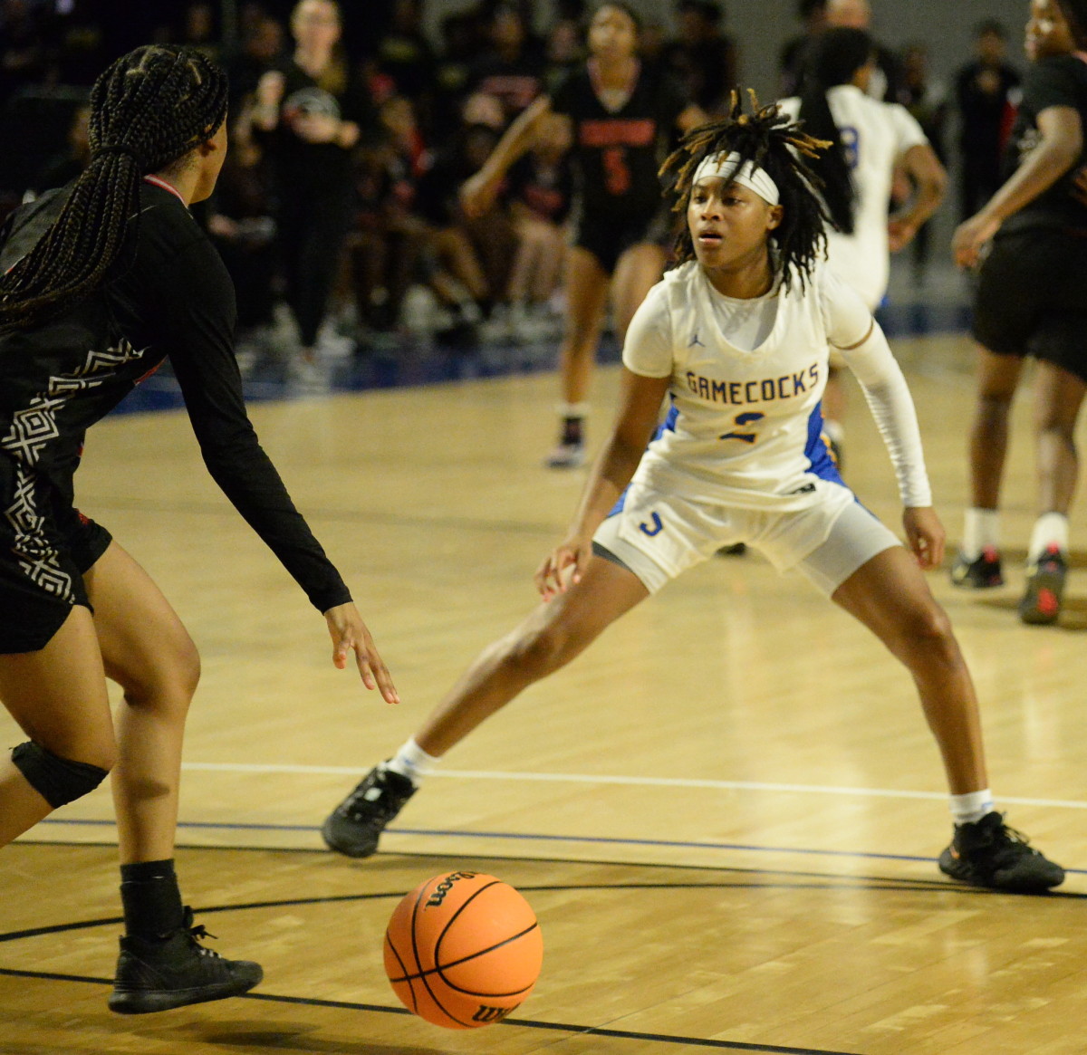 Sumter's Keziyah Sanders plays some tight defense in the girls 5-A Lower State championship game, but Stratford prevailed, 38-35.