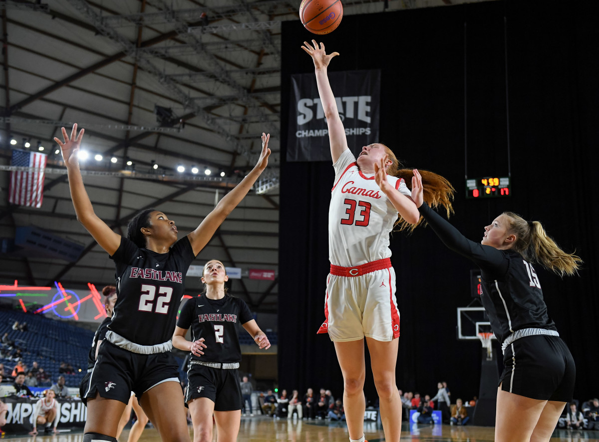 Camas' incoming 6-2 senior forward Addison Harris (33) in the March 4 state-title game against Eastlake-Sammamish, a 48-41 defeat. 
