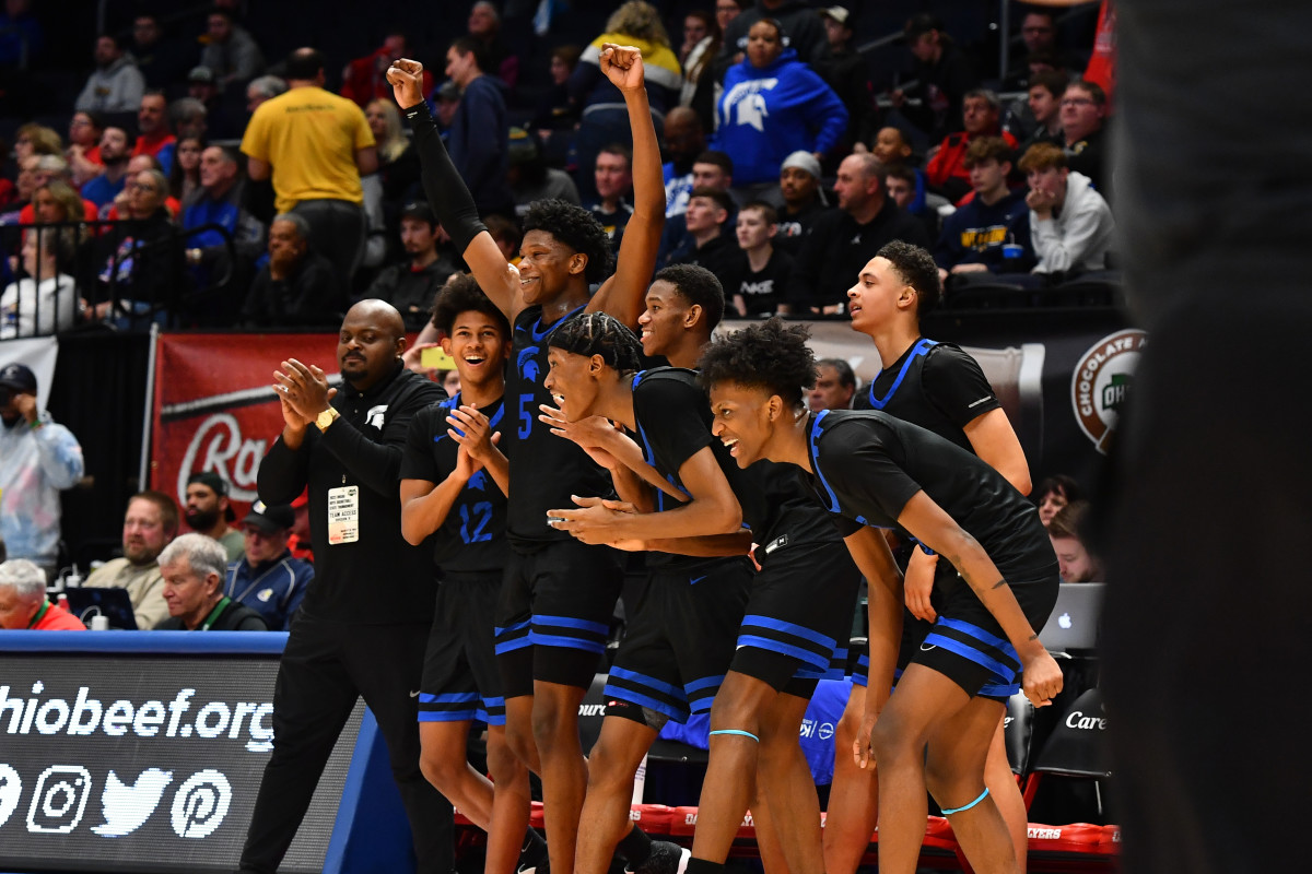 Richmond Heights players celebrate as the 2023 OHSAA Division IV state championship game winds down