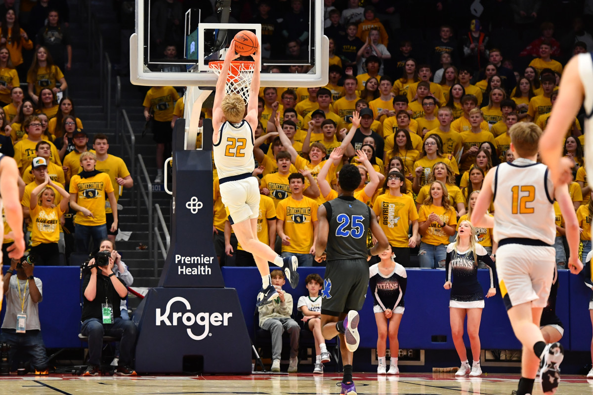 Ottawa-Glandorf's Colin White raises up for a dunk against Lutheran East in the 2023 OHSAA Division III state championship game.