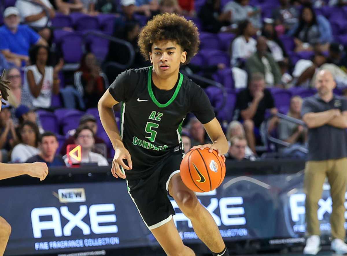 AZ Compass Prep senior Vyctorius Miller dribbles the ball during the 2023 GEICO Nationals championship game on Apr. 1, 2023.