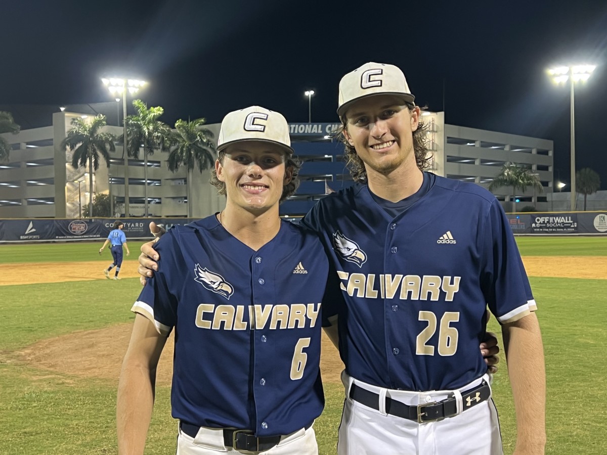 Braden Rosenthal (right) pitched 5-2/3 innings as Calvary Christian's starter and lefty Noah Diehl went the rest of the way in relief to lead the Eagles to a 3-1 win over NS University School