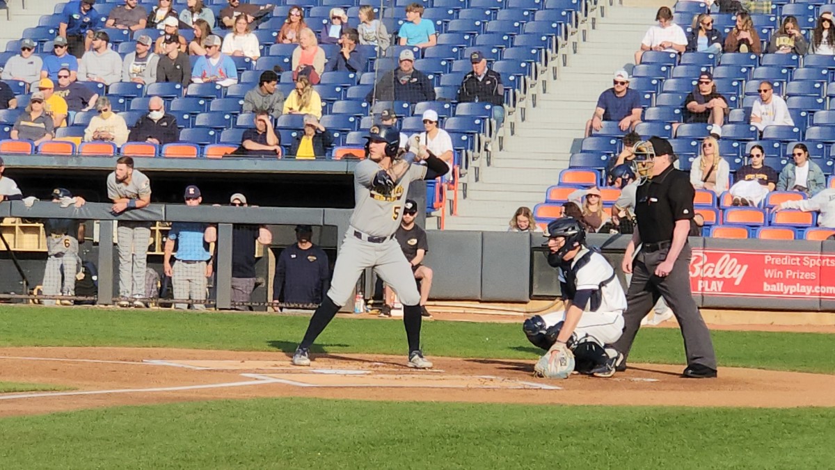 Aidan Longwell prepares for a pitch in the first inning of Kent State's 7-2 win over Akron at Canal Park in Akron on Tuesday, May 9, 2023