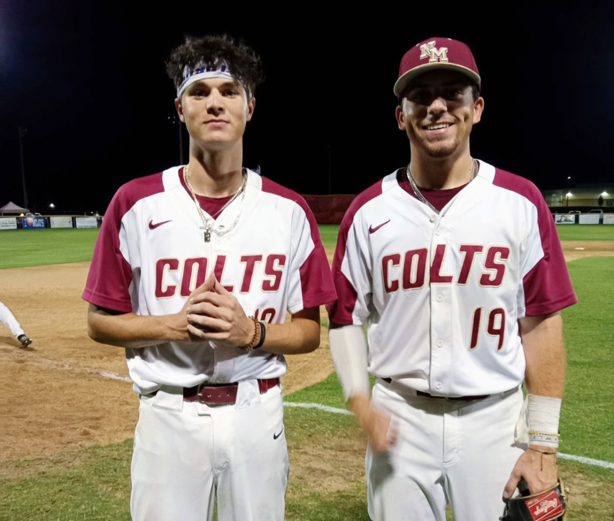 North Marion first baseman Jake Tompkins (left) hit a three-run homer and senior pitcher Hunter Jones got the win in a 7-2 victory against Hernando.