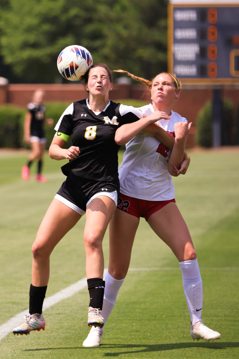 Manteo's Angelica Landazuri heads the ball during Saturday's NCHSAA 2-A state championship game against Wheatmore.