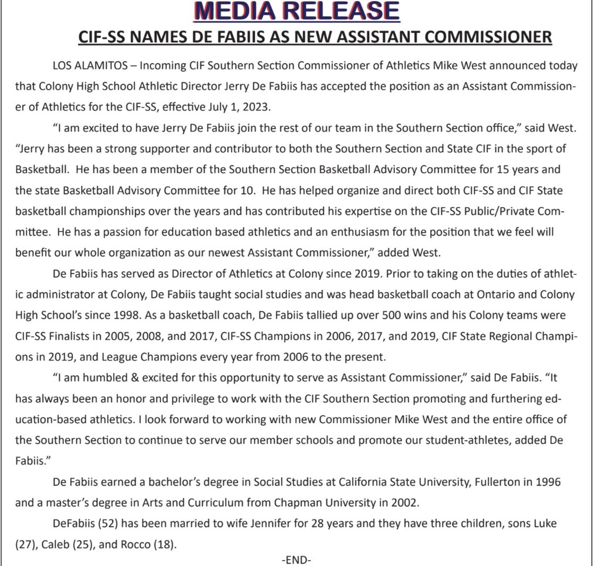 press release Jerry De Fabilis is new assistant commissioner of CIF Southern Section 6-9-23