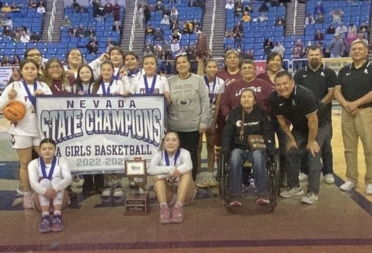 The Lakers after winning its first state title in 42 years in February at Lawlor Events Center. Photo: Courtesy Pyramid Lake High School
