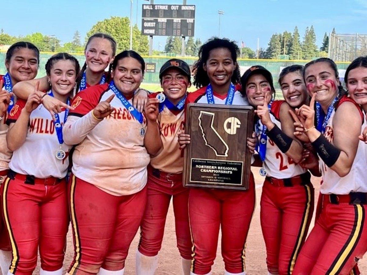 Alanna Clincy, with the hardware, and Willow Glen celebrate a Northern California D2 title. Photo: Courtesy CIF State office