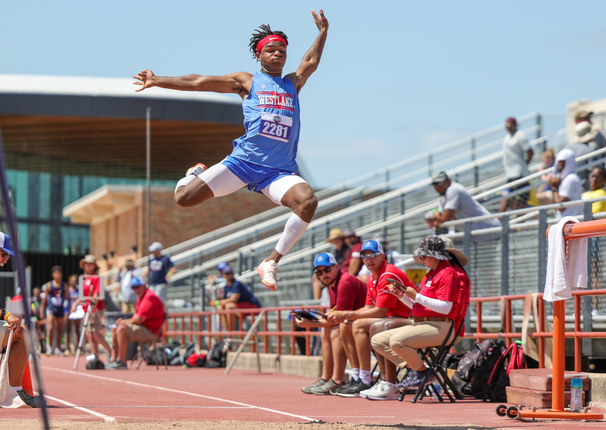 2022 UIL 1A, 6A Track and Field State Meet Ashton Torns of Austin Westlake jumps 25’3.75” to secure the Silver Medal at the 6A UIL State Track Meet.. Photo-Tommy Hays51