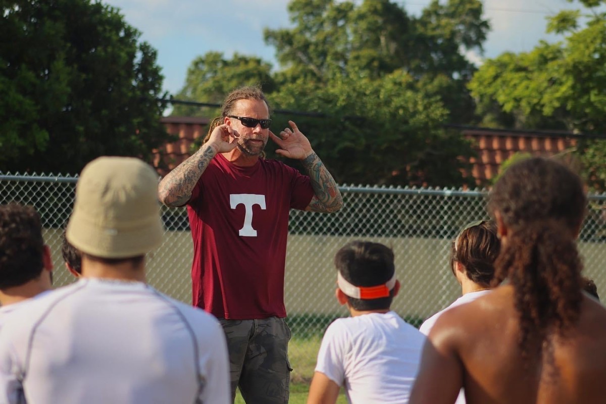 Jeremy Frioud, the new head man at Tarpon Springs, addresses his troops at a spring workout. Photo courtesy of Tarpon Springs High School Football.