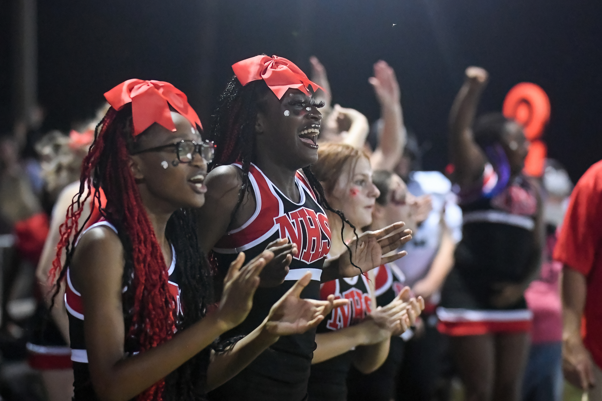 Noxapater cheerleaders cheer at a Mississippi high school football game.