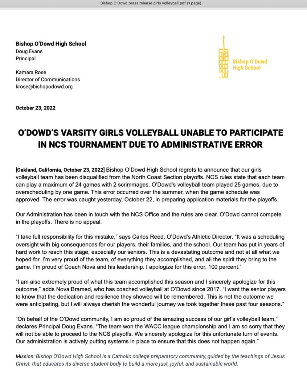 Bishop O'Dowd press release on girls volleyball team DQ