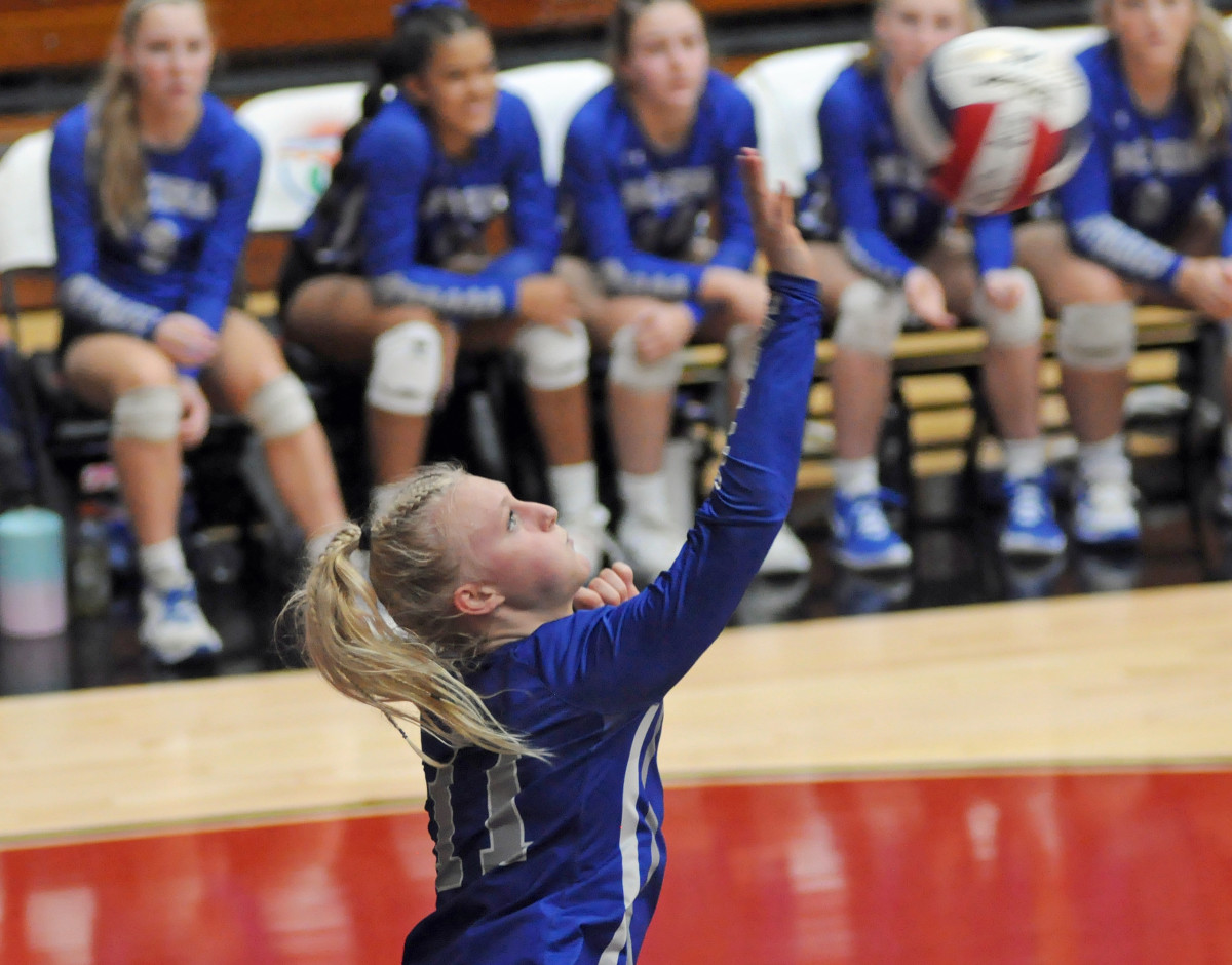 Barron Collier's Kendra Pruitt serves against Jensen Beach in their Class 5A state volleyball final. Pruitt had two aces against the Falcons.