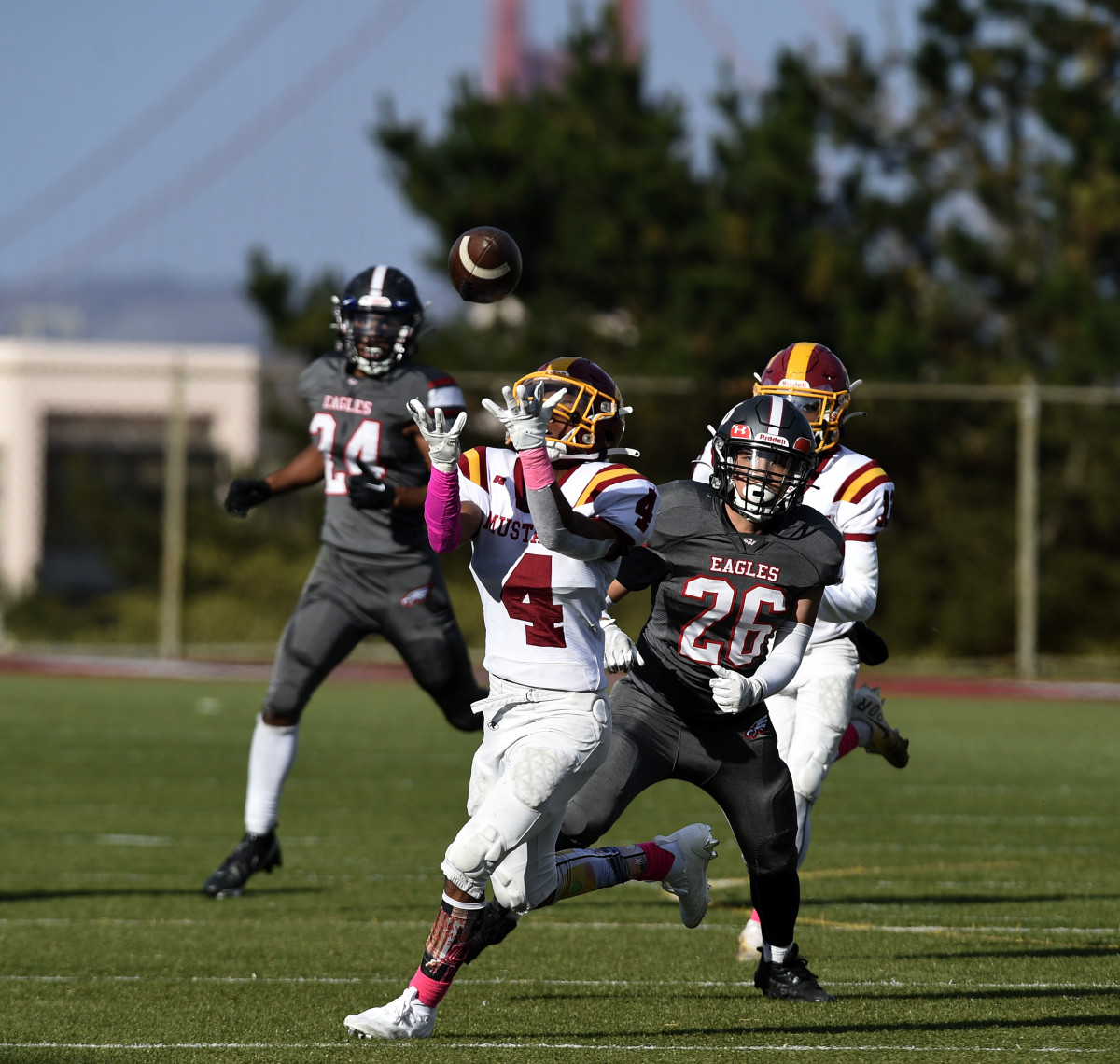 Jamelle Newman (4) with an interception last season in a game at Washington overlooking the Golden Gate Bridge. Photo: Eric Taylor.