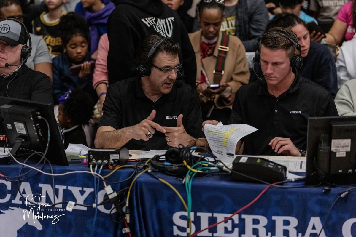 ESPN's Paul Biancardi (left) and play-by-play man Noah Reed during ESPNU's broadcast of Notre Dame vs. Sierra Canyon on Jan. 26, 2024.