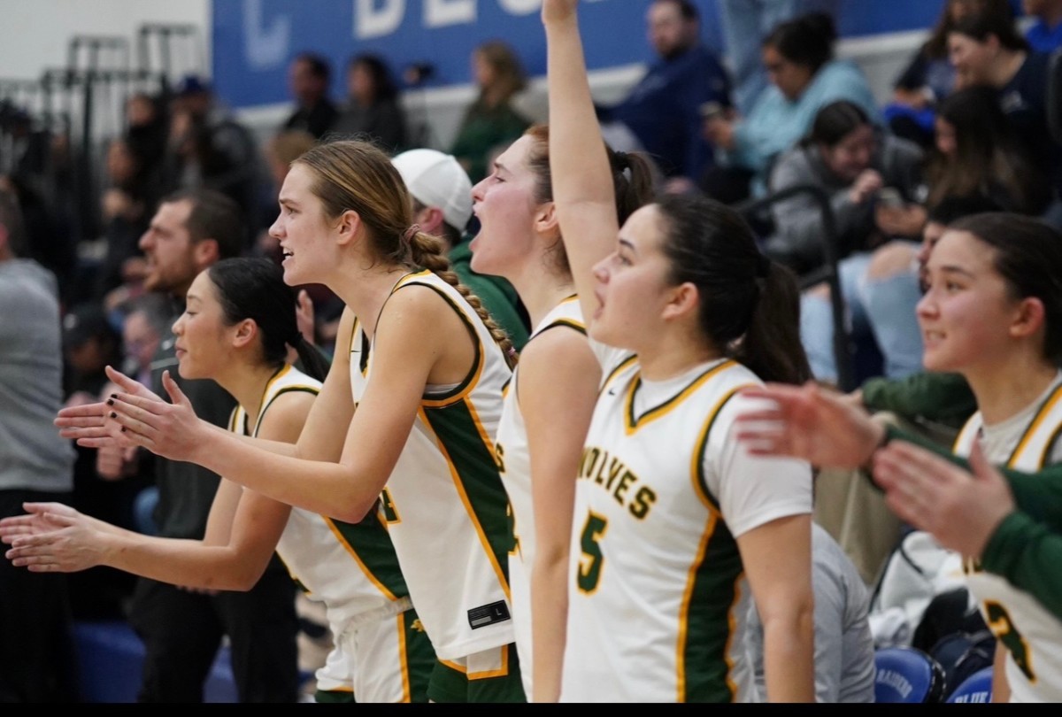 From L-R: Tera Chen, Avery Knapp, Hania Bowes, Amanda Kerner and Sierra Chambers cheering on teammates during another Wolves' victory. 