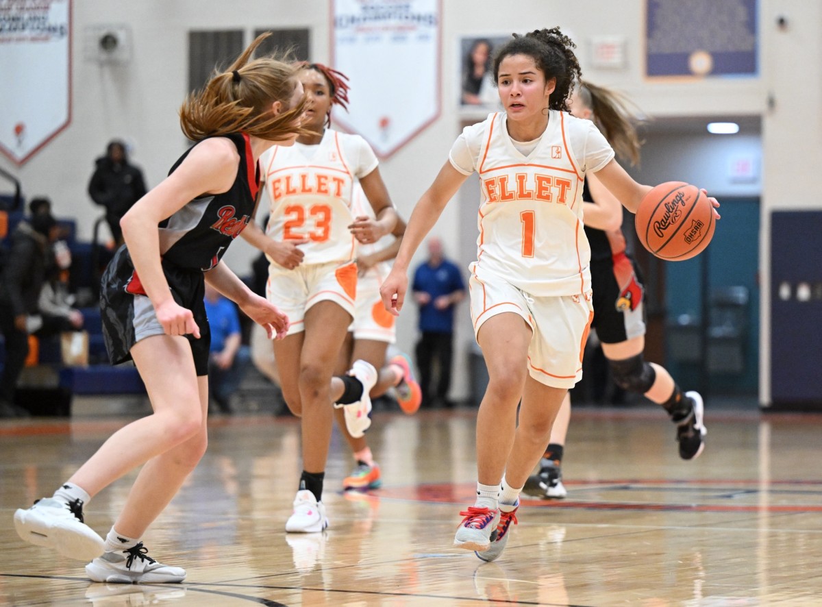 Ellet guard Caitlyn Holmes attacks the defense in a game against Loudonville on February 8, 2024