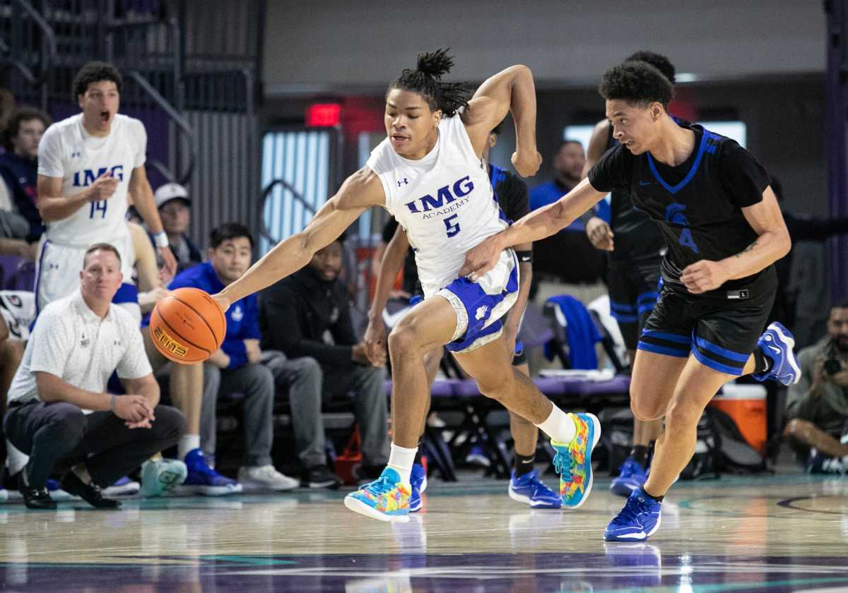 IMG Academy point guard Darius Acuff Jr. dribbles the ball during a win against Richmond Heights (Ohio) at the City of Palms Classic on Dec. 20, 2023.