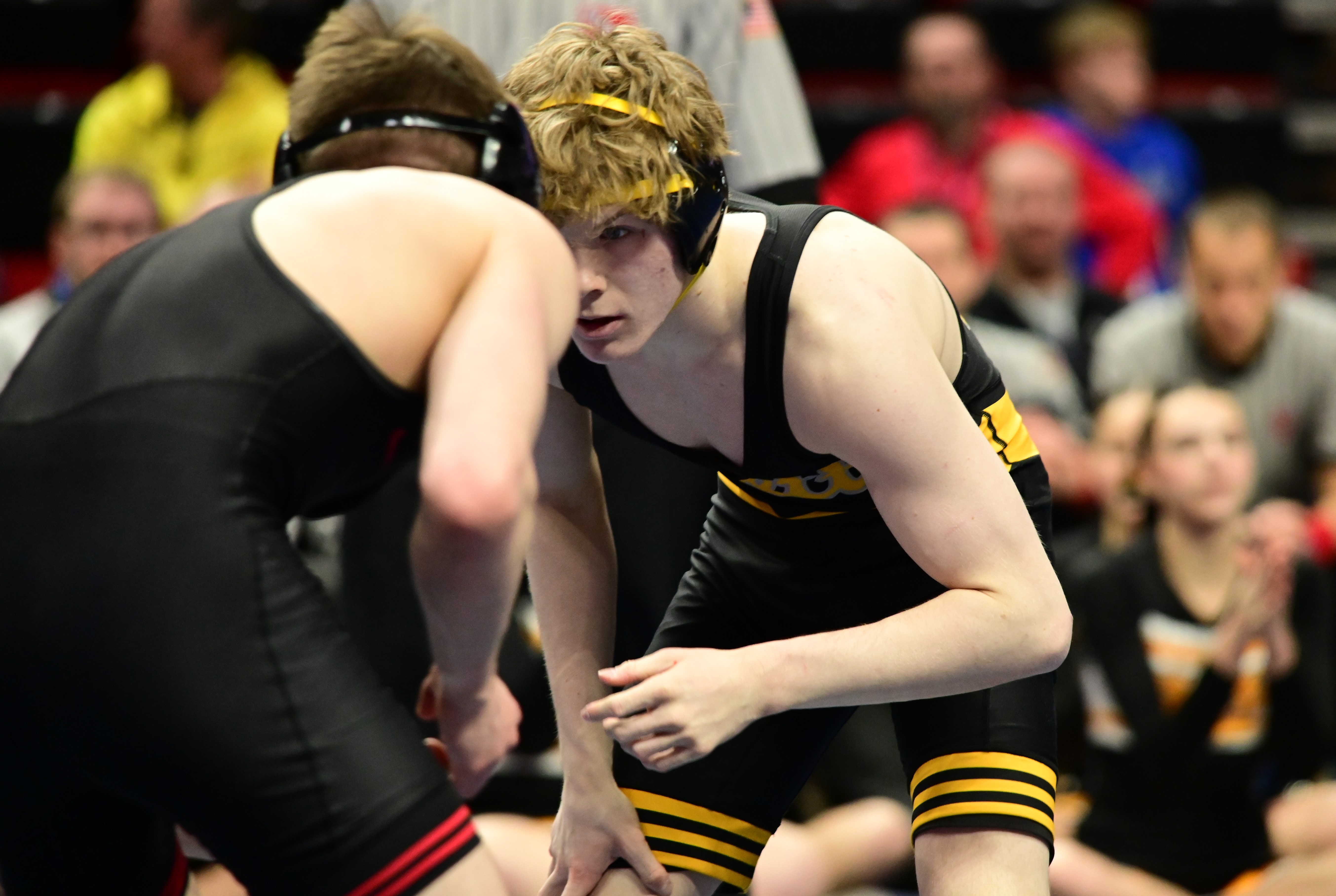Bettendorf's Jake Knight looks at his opponent, Fort Dodge's Dru Ayala, during a Class 3A semifinal match at 120 pounds during the Iowa high school wrestling state tournament at Wells Fargo Arena in Des Moines on Friday. (Photo by Ryan Timmerman) 
