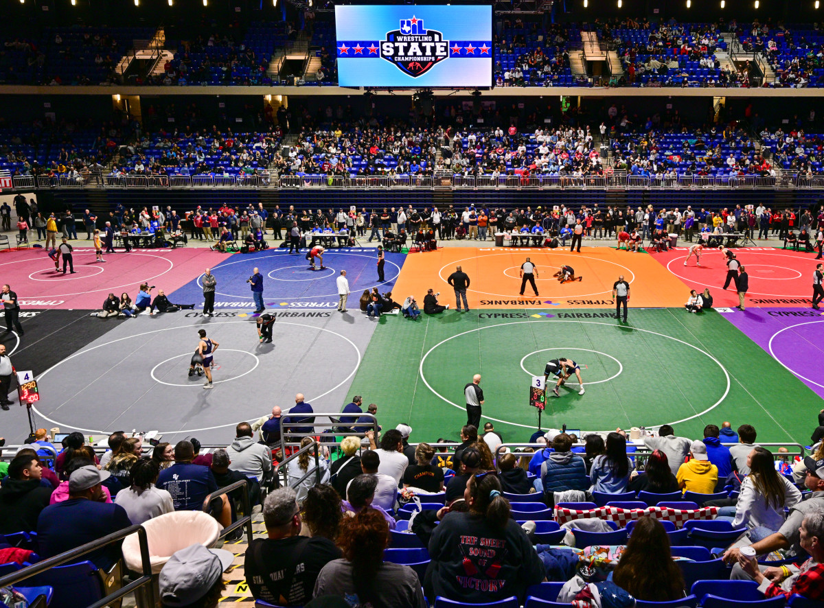 All 10 mats are on display at the UIL state wrestling meet, which took place at the Berry Center in Cypress, Texas. 