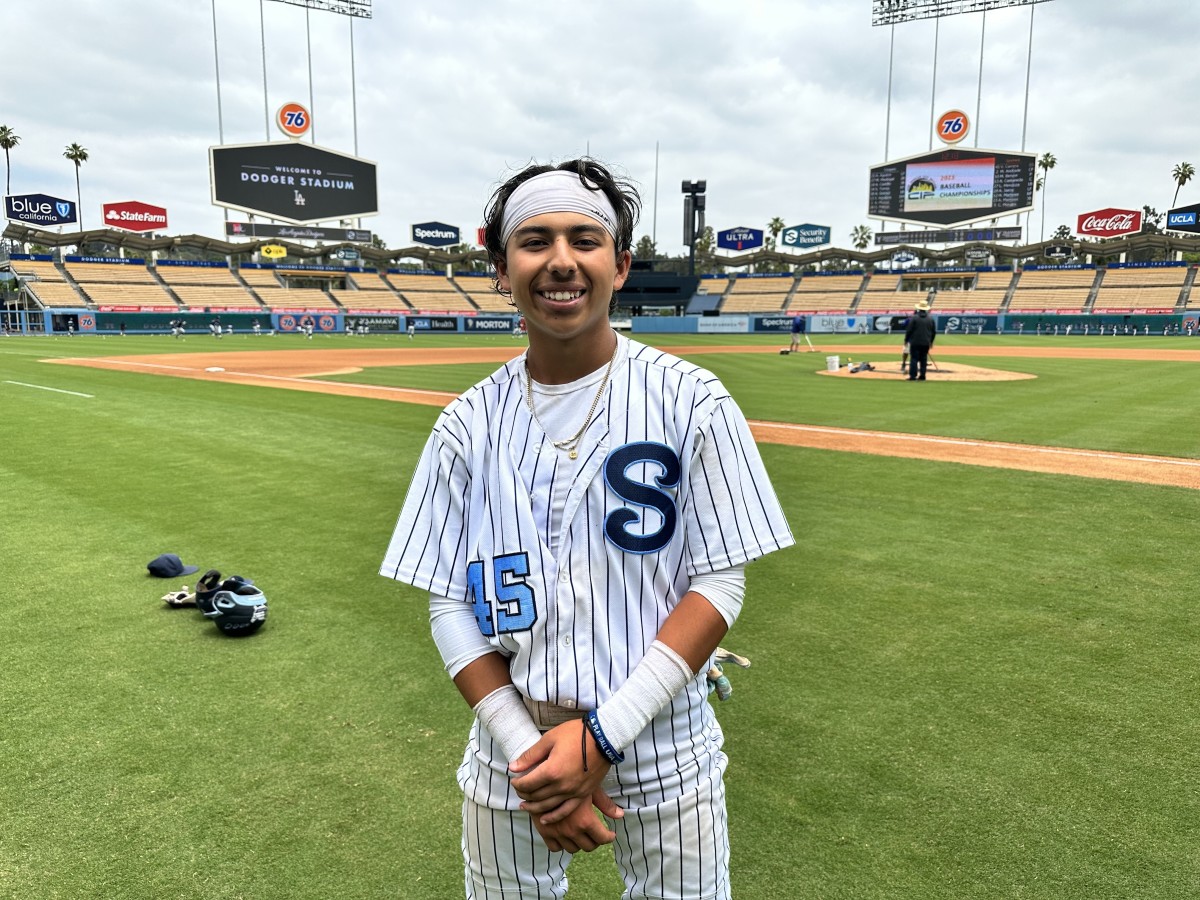 Sylmar's Victor Carrera at Dodger Stadium after winning the Division I City title in 2023.