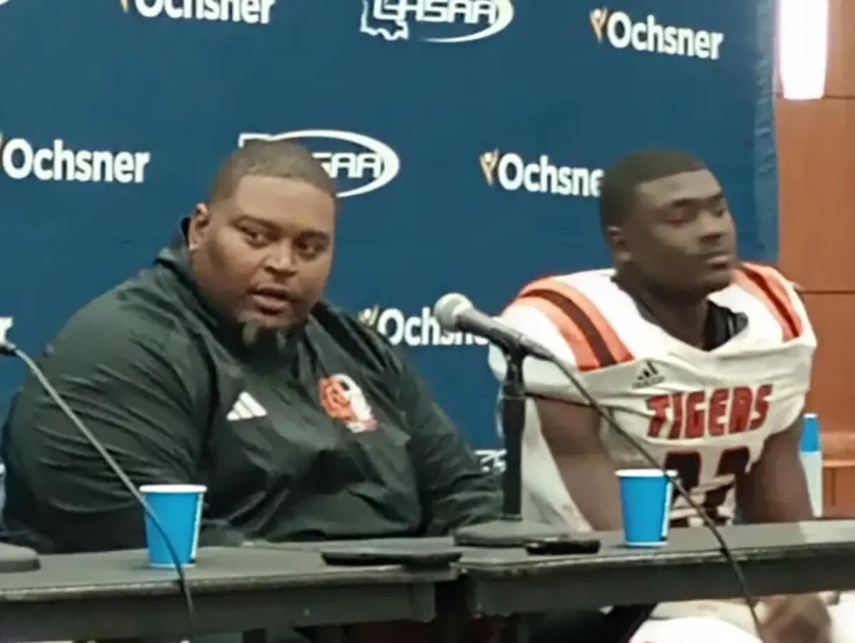Opelousas coach Jimmy Zachery (left) and tailback D'Shaun Ford after the Tigers' Division II non-select state title win Dec. 8, 2023.