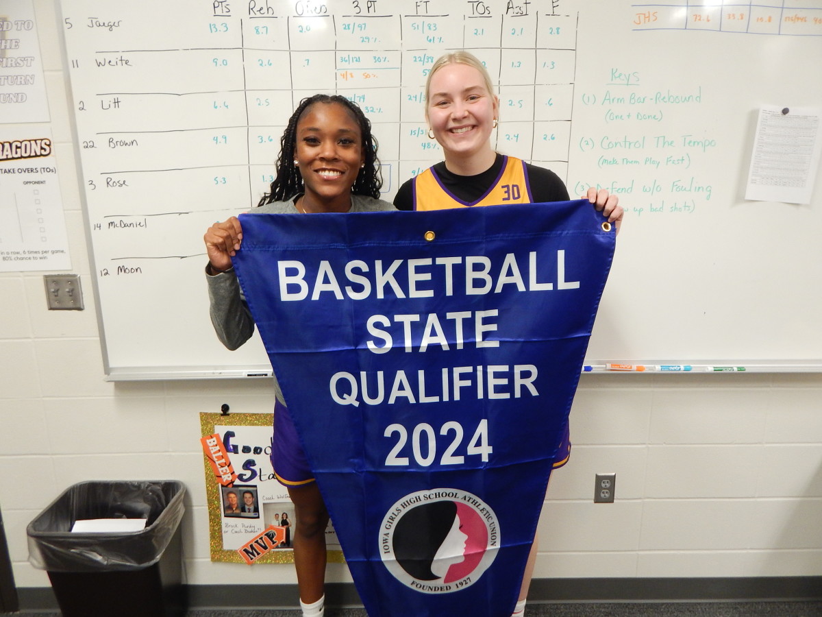 Johnston seniors Aaliyah Riley (left) and Aili Tanke have been a big part of Johnston's recent domination in Iowa's biggest classification of girls high school basketball. (Photo by John Naughton) 