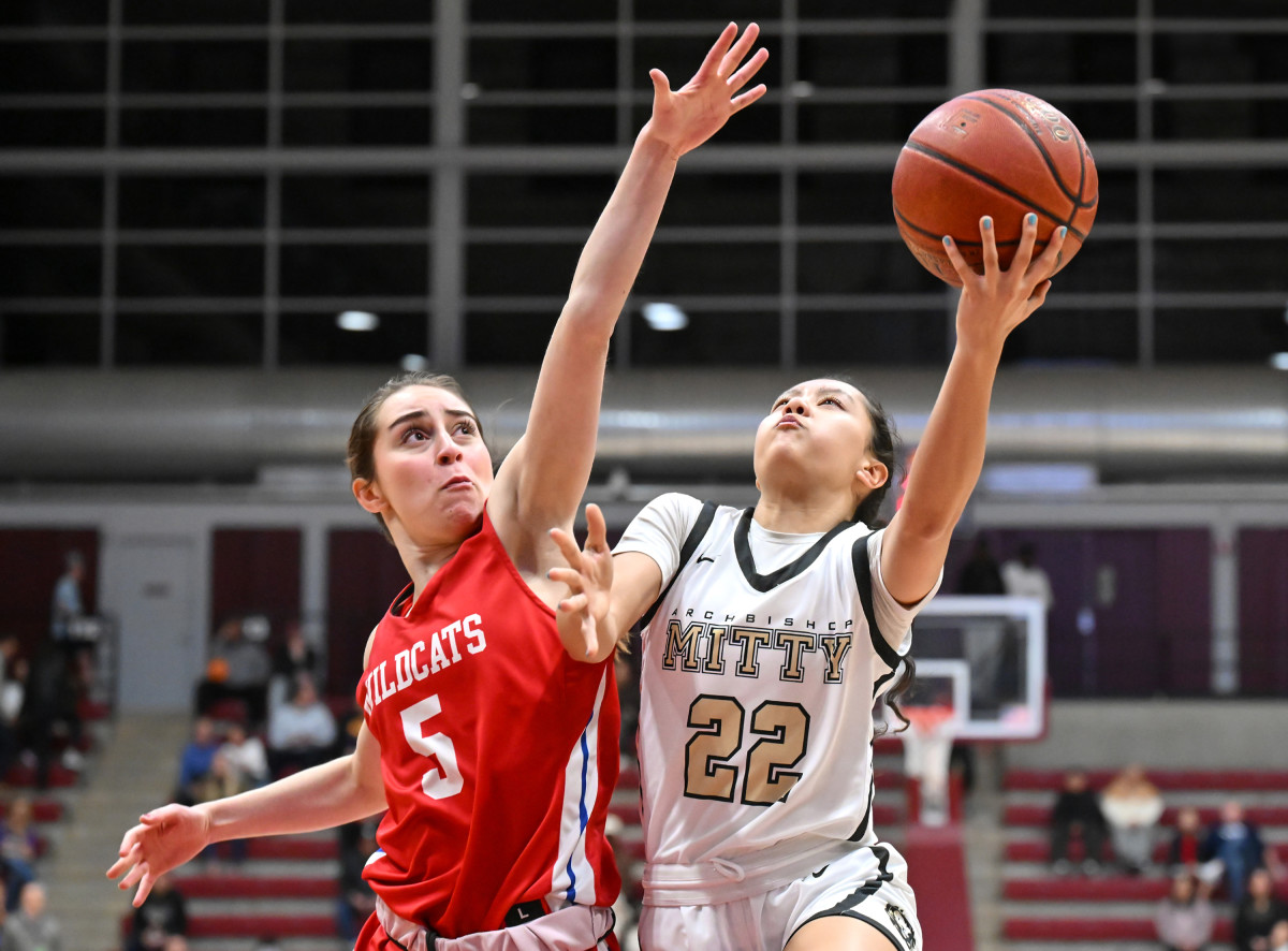 St. Ignatius' Stephanie Frias with strong defense on left-hand layup attempt by Sofia Teresi (22).