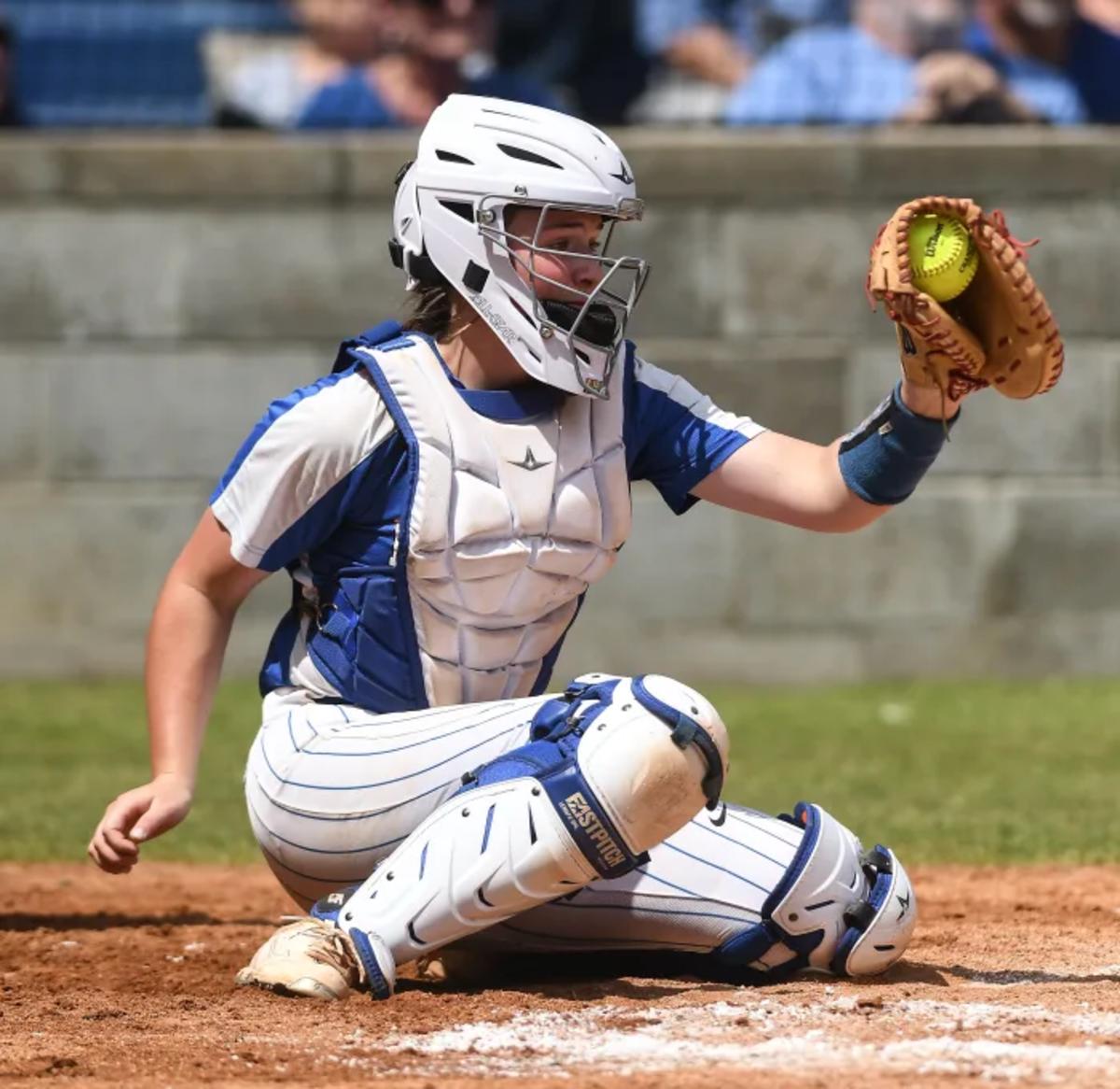 Abby Gentry catching during Bryant's semifinal win against Bentonville in extra innings last May. (Photo by Jimmy Jones)