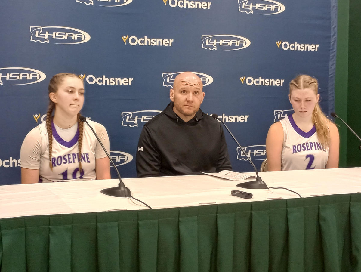 Rosepine seniors Kelly Norris (left) and Addison Fruge, along with the Lady Eagles' head coach, Charles Kiely (middle), speak to the media following their Division III non-select semifinal win Feb. 28, 2024.