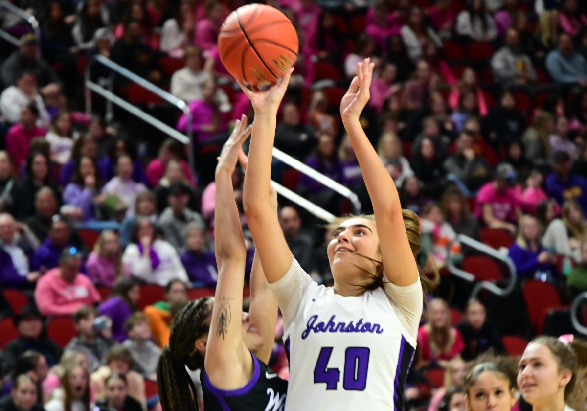 Johnston's Kiya Hood goes up for a shot against Waukee during a Class 5A semifinal on Thursday at Wells Fargo Arena in Des Moines.(Photo by Ryan Timmerman)