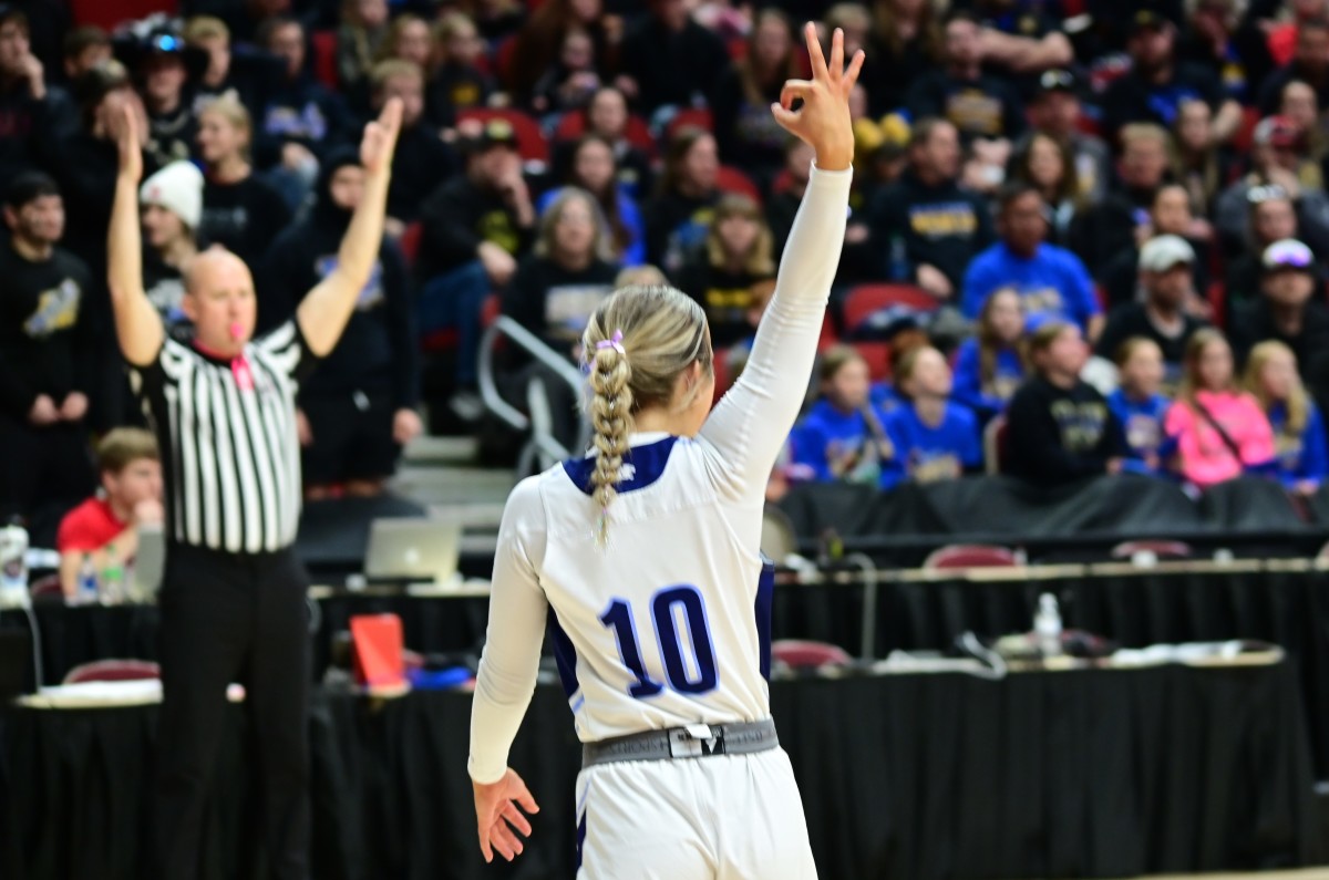 Panorama's Mia Waddle celebrates a made three-pointer Friday afternoon. (Photo by Ryan Timmerman)