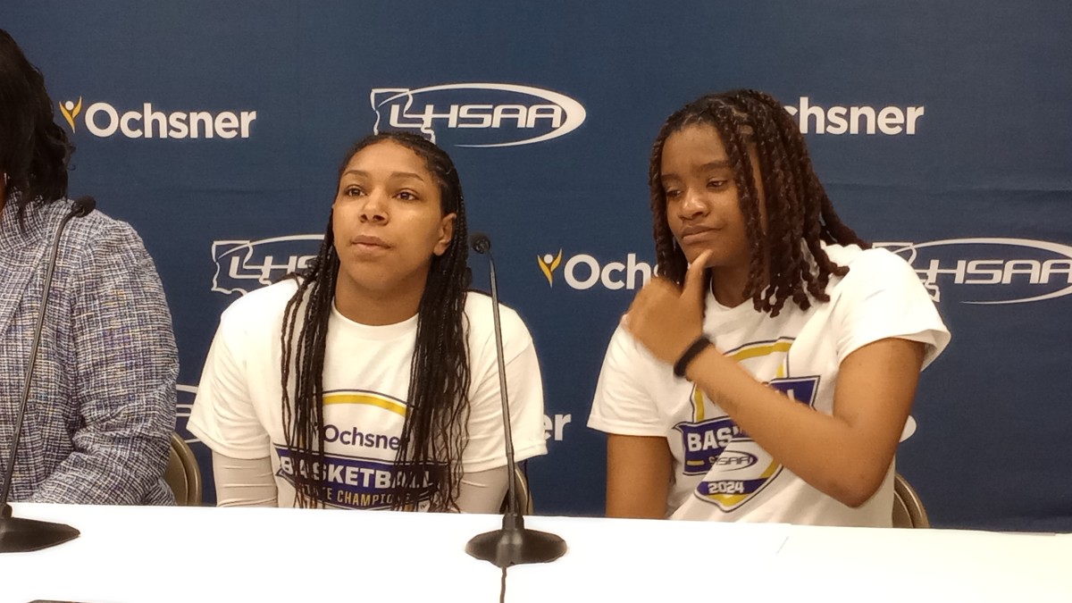 John Curtis Christian players Imani Daniel (left) and Chikae Desdunes talk in the postgame press conference following the Lady Patriots' Division I select title win March 2, 2024.