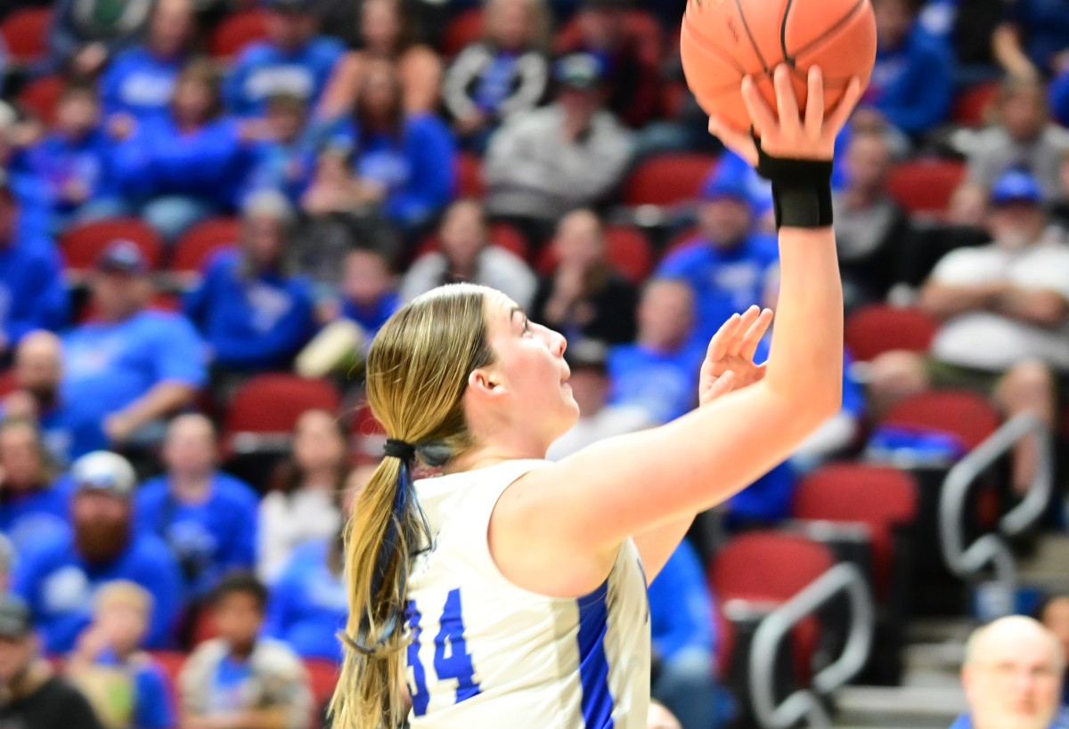 Newell-Fonda's Kierra Jungers goes up for a layup against Remsen St. Mary's during a Class 1A state tournament semifinal on Friday at Wells Fargo Arena in Des Moines. (Photo by Ryan Timmerman)