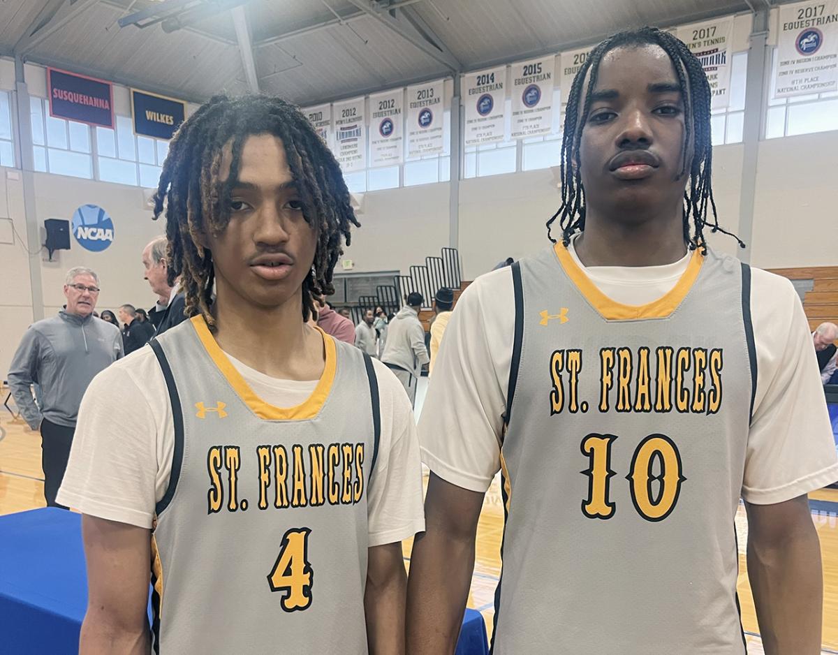 After each won a Maryland public state boys basketball championship last year, Josiah LeGree (left) and Trent Egbiremolen helped St. Frances to a 11th Baltimore Catholic League Tournament title last weekend. Egbiremolen was named to the all-tournament team while LeGree was the tourney’s Most Valuable Player.