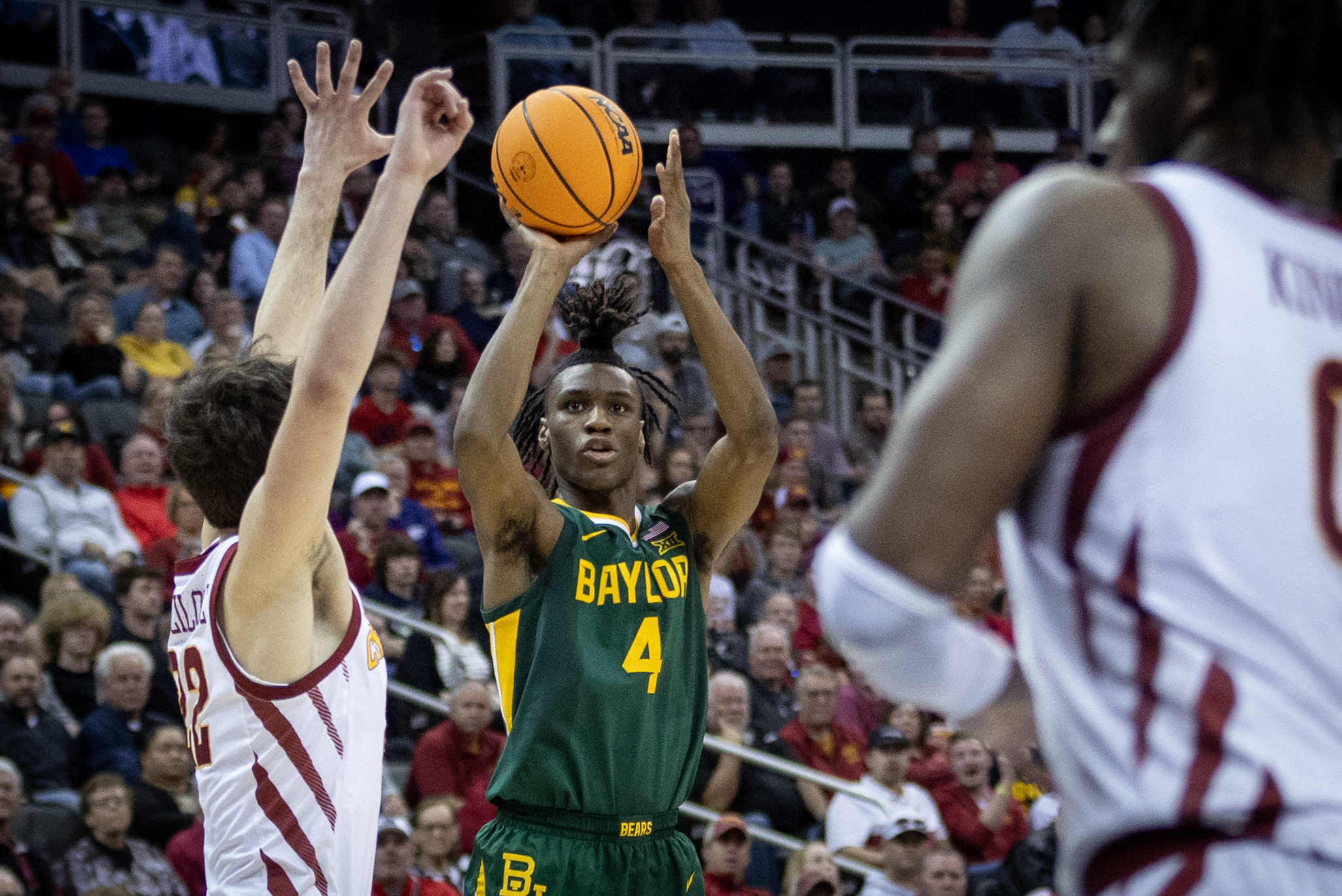 Baylor guard Ja'Kobe Walter (4) shoots the ball during the second half against the Iowa State Cyclones at T-Mobile Center on Friday.