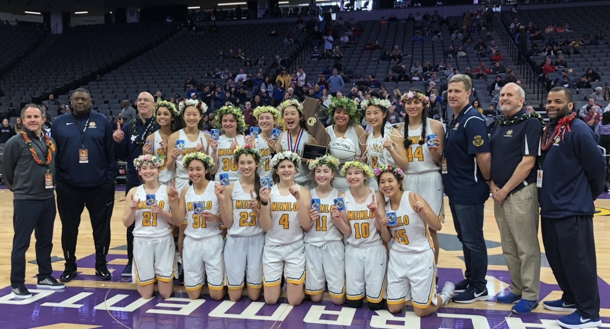 Menlo School players and Paye pose at Golden 1 Center in Sacramento after winning a state 2019 championship. Photo: Courtesy Menlo School