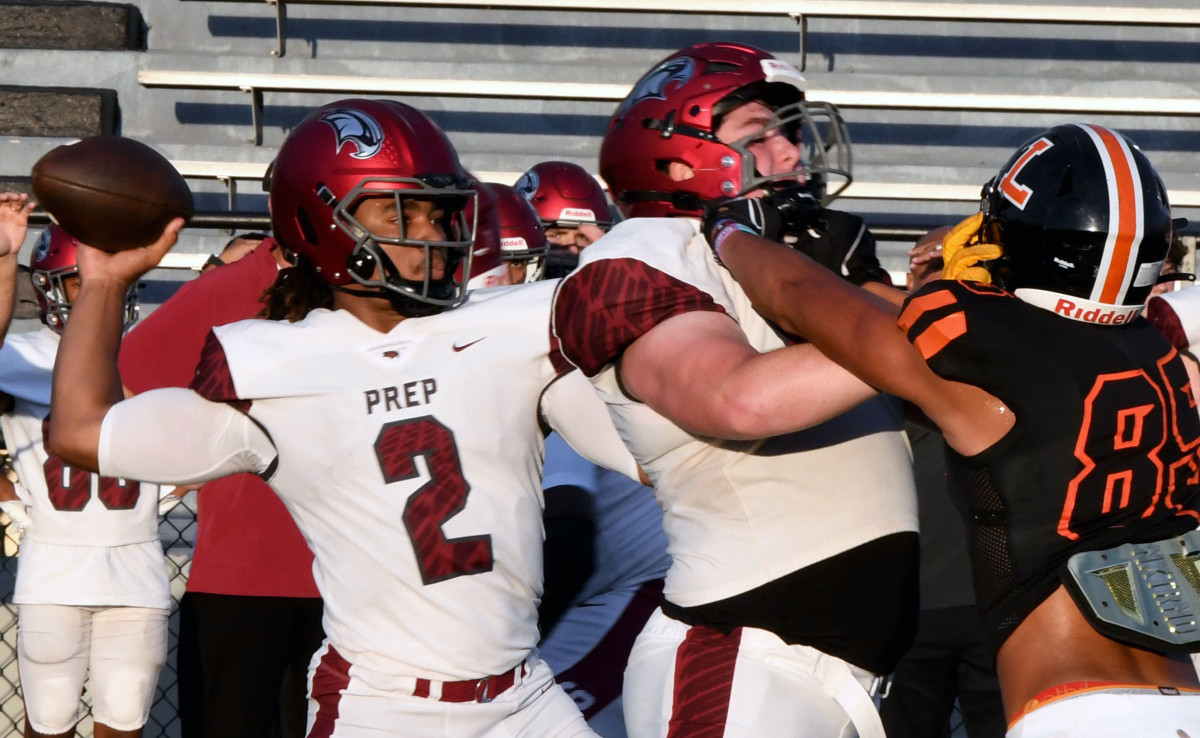 Philadelphia St. Joseph’s Prep quarterback Samaj Jones fires a pass downfield against Lakeland in the first half on Friday. Jones accounted for three touchdowns in the game. 