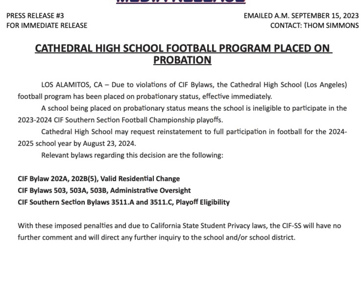 southern section press release Cthedral 9-15-23