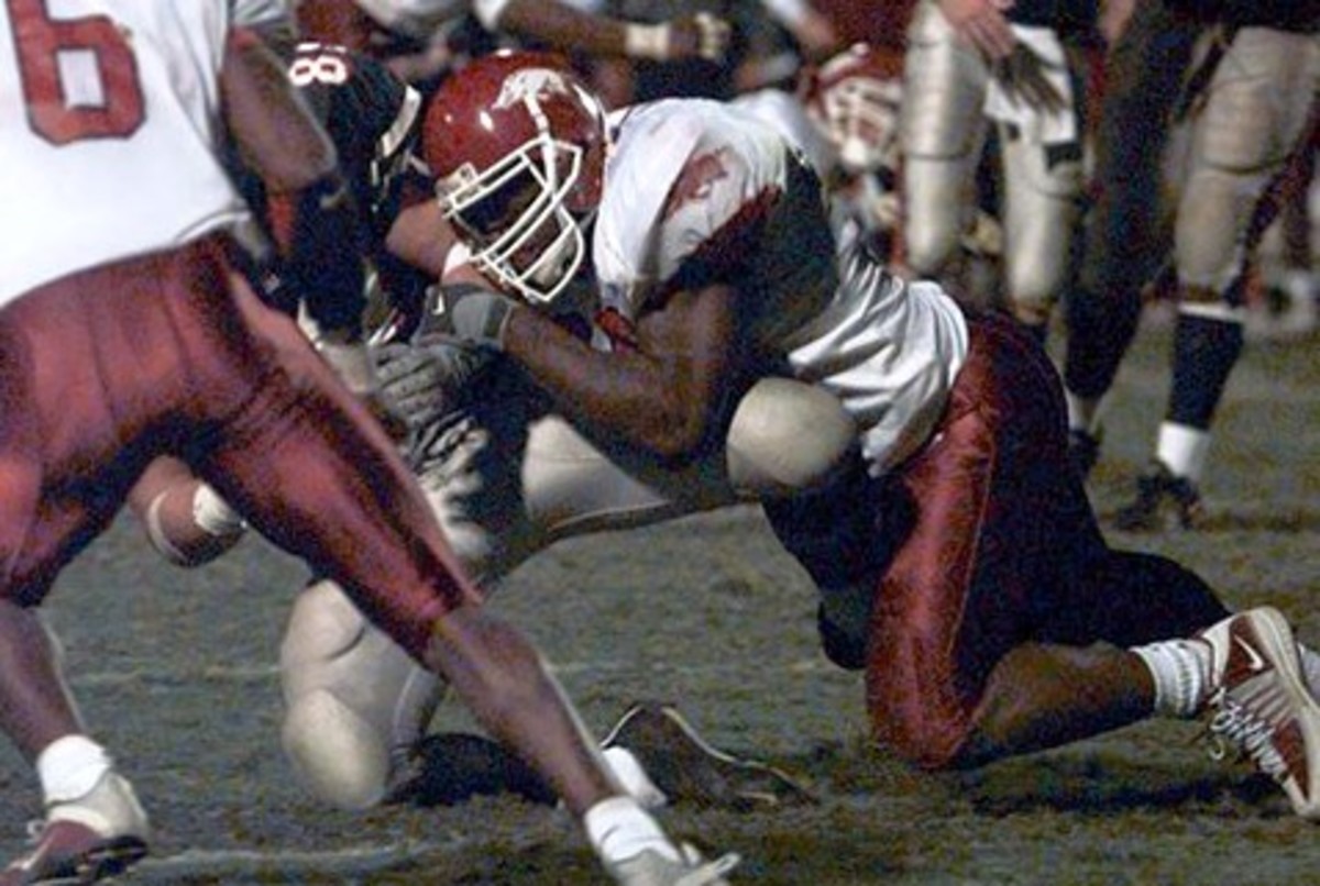 Jermaine Petty's tackle to end the famous seven-overtime game against Ole Miss in 2001 is one of the most memorable stops in University of Arkansas football history. (Photo courtesy of UA sports information)