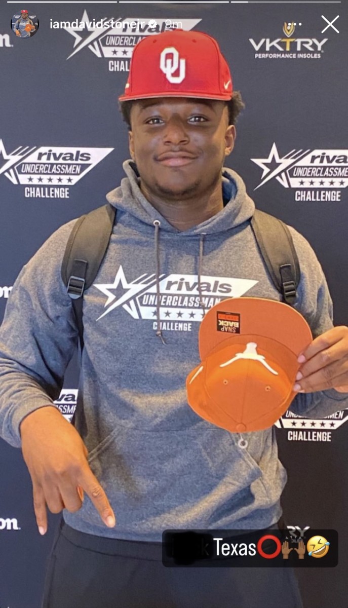 David Stone, the nation's No. 3 defensive lineman, posted a horns down sign with a caption that said "F*** Texas."  This photo has been edited to exclude the expletive. 